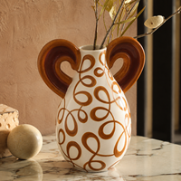 Vase en céramique blanc cassé à motif en spirale caramel, double poignée, vase décoratif pour fleurs, pour le salon, décoration de la maison