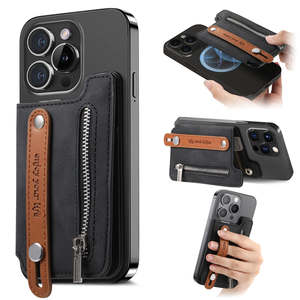 Nouvelle conception, étui à cartes en cuir PU avec aimant puissant, blocage RFID, sangle de poignet extensible, rabat et poche à monnaie - Product Image 1