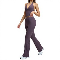 Atmungsaktives Einfarbiges Gebürstetes Micro-Rippen-Spandex/Nylon Yoga-Set mit Neckholder-Ausschnitt, 2-teilige Sport-Fitnesskleidung, Auf Lager