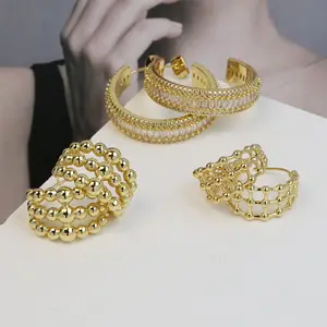 Newest 18K Gold Plated Triple Layer Beaded Hoop Earrings Women Fashion Jewelry Brass C Shape Stud Earrings