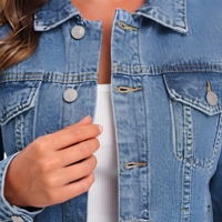 Veste en jean bleu classique pour femme, coupe ajustée, décontractée, avec boutons métalliques de qualité supérieure, service OEM