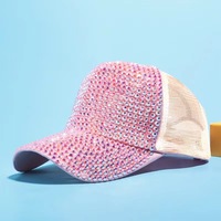 Gorra de béisbol estilo coreano con malla de diamantes de imitación, transpirable, protección solar, gorra de camionero brillante de verano para mujer