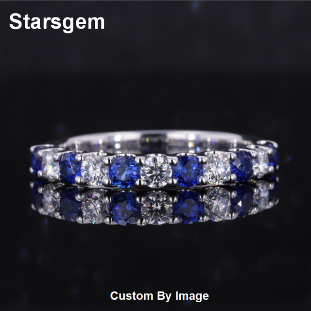 Stargems 18K Gold Wedding Ring Round Shape Lab Grown Diamond & Blue Sapphire Eternity Band