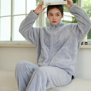 Conjuntos de pijama de Invierno para mujer, sólido, cálido, grueso, manga larga, con cremallera, forro polar Coral, ropa de dormir cómoda, cintura elástica, holgada, suave, elegante, nuevo - Product Image 3