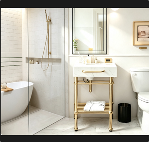 Mobiletto da Bagno in Ottone con Ripiano Aperto, Design Funzionale, Portasciugamani Integrato, Stile Antico per Ristrutturazioni - Product Image 1