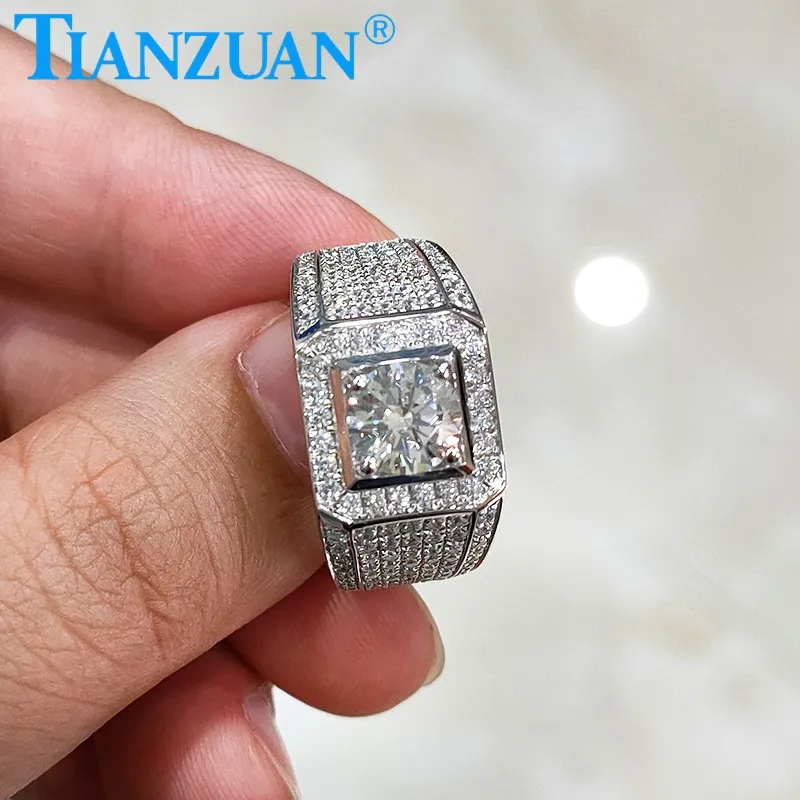 Real Moissanite Ring For Men Sterling Silver 1 Carat Round Brilliant Diamonds Engagement Ring Male Wedding Jewelry