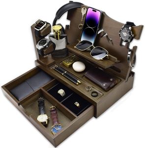 Table de chevet fonctionnelle en bois d'acacia avec organisateur, station d'accueil pour téléphone, tiroir, table de chevet, table de chevet, téléphone portable, montre, clés - Product Image 1