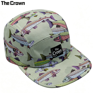 Custom Logo Cotton Twill Trout Print 5 Panel Camp <b>Cap</b> Wholesale Bulk Woven Patch <b>Hat</b> Flat Brim Manufacturer - Product Image 3