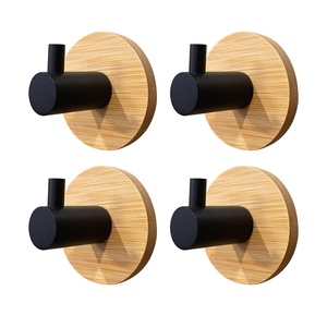 Decorative Heavy Duty Wall Coat Hooks With <b>Wooden</b> Bamboo Base Black Stainless Steel Self Adhesive Wall <b>Towel</b> Hooks - Product Image 4