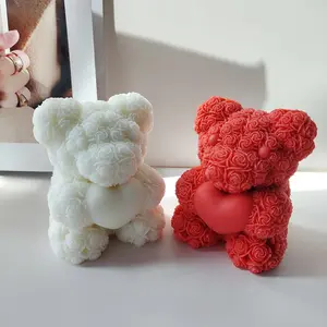 INTODIY Cetakan Silikon Lilin Aromatik Berbentuk Beruang Mawar DIY Cetakan Gipsum Membuat Sabun untuk Hari Valentine Dekorasi Pernikahan