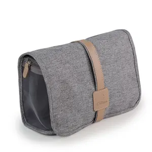 Bolsa gris con logotipo personalizado para cosméticos, bolsa impermeable de tela de viaje, bolsa de inodoro de poliéster portátil
