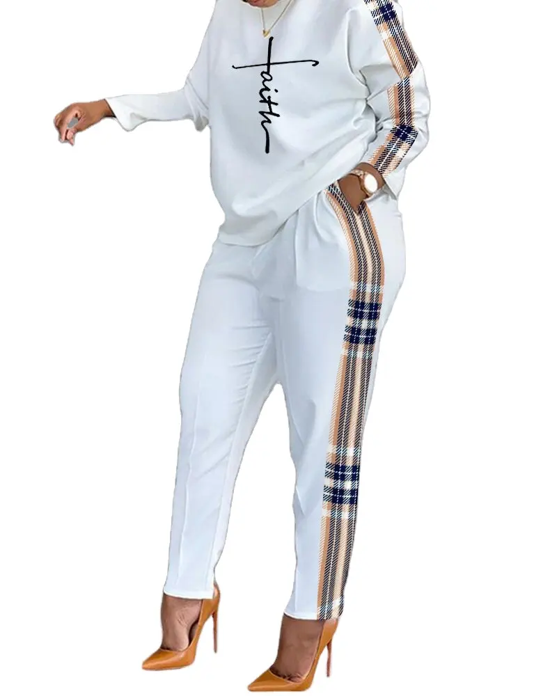 New American women's long two-piece long sleeve printed trousers suit women