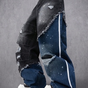 Vaqueros de mezclilla de pierna ancha <span class=keywords><strong>con</strong></span> efecto desgastado, rotos, <span class=keywords><strong>con</strong></span> dobladillo deshilachado y salpicaduras de pintura, estilo urbano, <span class=keywords><strong>con</strong></span> patchwork de dos tonos - Product Image 3