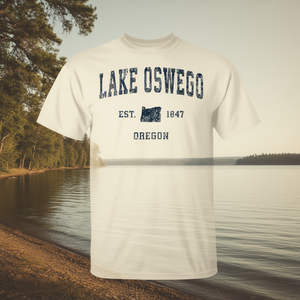 T-shirt Lake Oswego Oregon con stampa vintage blu navy Est 1847 - Product Image 3