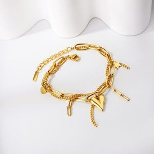 Bracelet double couche en acier inoxydable plaqué or PVD 18 carats avec perles et cœurs, bijoux de mode en gros pour femmes - Product Image 3