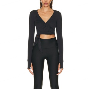 Women's Sports Yoga Tops <b>Black</b> Full <b>Wrapped</b> Bandage Tie Sports Long Sleeve V Neck Yoga Tops and Legging Yoga Sets for Women - Product Image 6