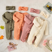 Pyjama en coton gaufré pour nouveau-né, couleur unie, barboteuse zippée à manches longues, combinaison à volants pour bébé, grenouillère avec pieds intégrés