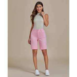 2025 pantalones cortos de mezclilla de verano Vintage de cintura alta para mujer, pantalones cortos informales elásticos largos con bolsillo de parche a la moda - Product Image 4