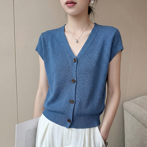Cardigã Feminino de Linho com Toque Fresco e Manga Curta, Blusa de Verão Fina e Elegante com Manga Borboleta, Camiseta Externa Solta e Estilosa - Product Image 2