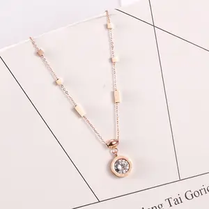 Roman numeral single diamond zircon round Stainless Steel pendant short style personality trend clavicle chain necklace