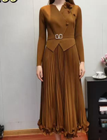 Robe longue plissée tissée pour femme avec volants, perles, col en V élégant, ceinture, manches retroussées, lavable, infroissable et écologique