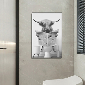 Cute Funny Highland Cow on a Toilet Canvas Painting stampe <span class=keywords><strong>in</strong></span> bianco e nero Wall Art Home <span class=keywords><strong>bagno</strong></span> Decor - Product Image 3
