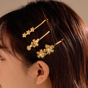 Pinza de pelo de flor de perla de concha de acero inoxidable chino para mujer, horquillas de pelo chapadas en oro impermeables de lujo, accesorios para el cabello - Product Image 1