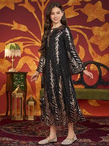 Nouvelles filles musulmanes <span class=keywords><strong>feuille</strong></span> Sequin embelli longue Abaya avec manches évasées noir islamique enfants vêtements - Product Image 3