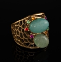 Ethnischer Ausgehöhlter Breiter Fingerring Ovaler Mehrfarbiger Strass Vergoldeter Ehering für Damen Hawaiianischer Schmuck