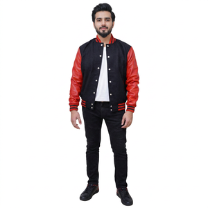 Blouson universitaire classique pour homme, style urbain, avec fermeture boutonnée, ourlet côtelé, broderie frontale, corps en polyester/coton, col montant en toile - Product Image 1