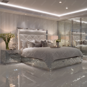 Juego de Dormitorio Moderno de Lujo Estilo Británico, Cama King-Size con Marco de Madera y Cristales de Diamante, con Acabado Espejado para Casa o Apartamento - Product Image 6