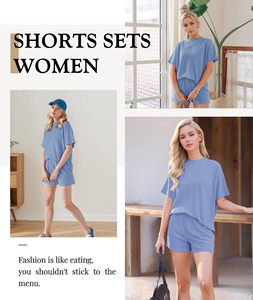 Conjunto de 2 piezas de verano 2026 para <span class=keywords><strong>mujer</strong></span>, de canalé <span class=keywords><strong>a</strong></span> rayas, top de manga corta y shorts con bolsillos, de secado rápido, estilo casual para crucero - Product Image 2