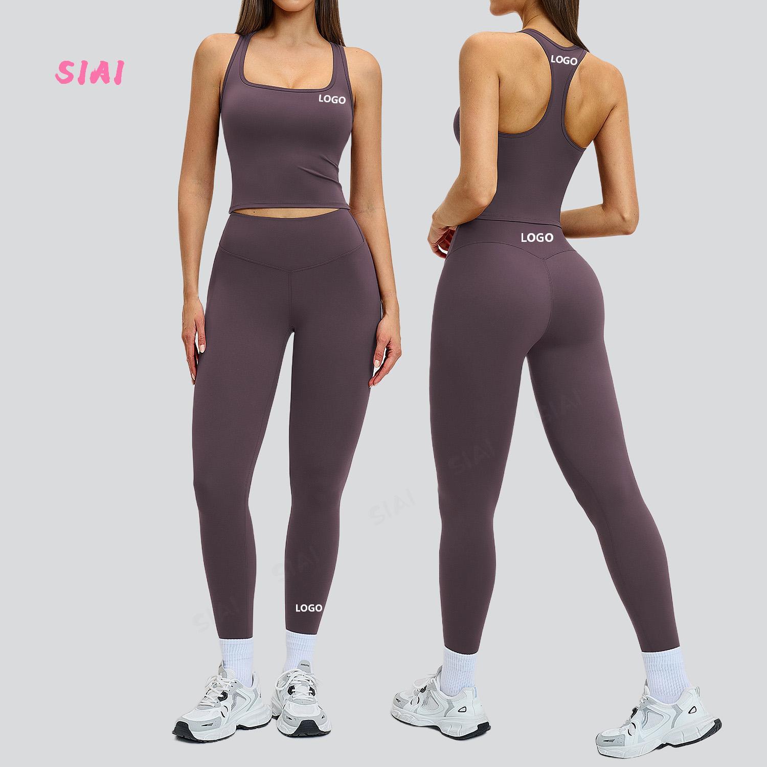 New Reversible Plus Size Gym Clothes Sportswear Tank Yoga Wrap Top Mid Waist Legging Lightweight Front Logo 2 Piece Yoga Set