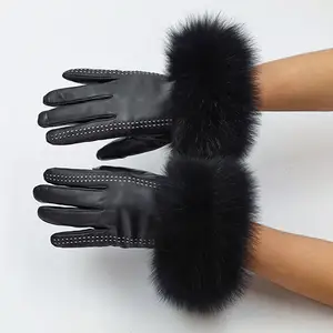 冬の黒い羊皮の手袋女性の革の手袋女性のキツネの毛皮の手首黒の暖かい女性のドライビンググローブ