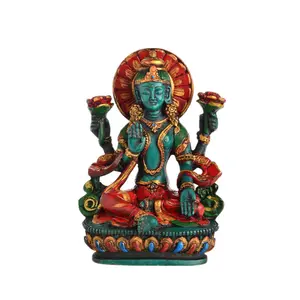 Estatua hecha a mano Lakshmi de 14cm, diosa hindú de la felicidad y la belleza pintada turquesa