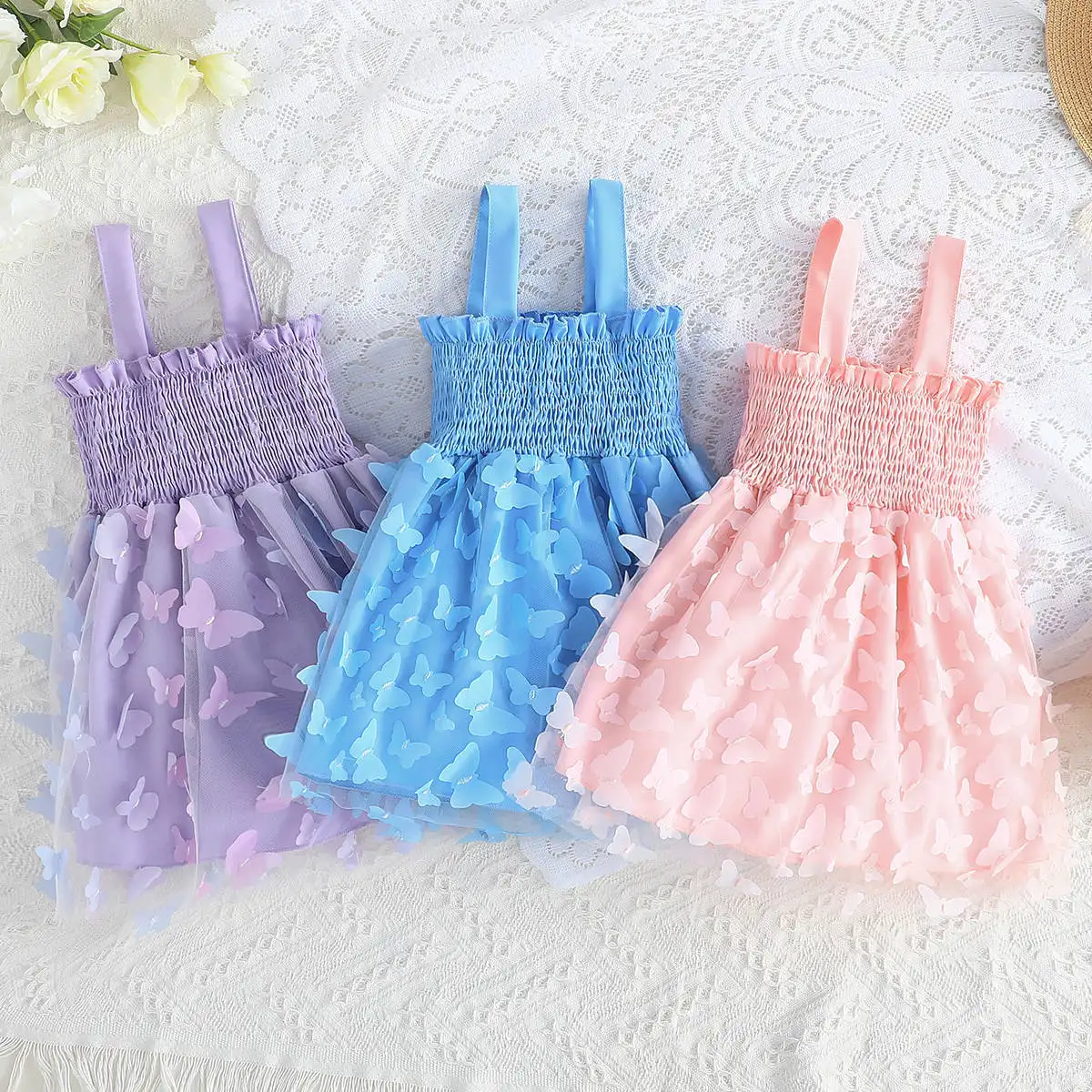 1-6 Years Summer Girls Sleeveless Dress Kids Butterfly Dresses Children Girl Costumes Pink Blue Purple Tulle Dress