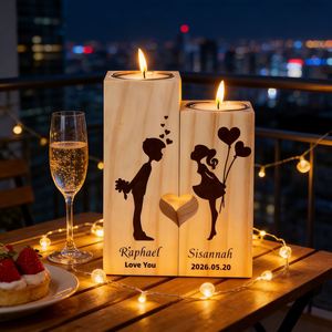 Personalized Handmade Square Wooden Laser Engraved <b>Candle</b> Holders Set 2 Matching <b>Tealight</b> Stand Couples Romantic Anniversary - Product Image 2
