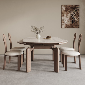 Solid Wood Slab <b>Dining</b> Table Extendable Travertine Top 4 Piece <b>Set</b> Wabi Sabi Style <b>Dining</b> Room Furniture - Product Image 1