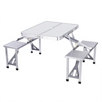 Table de pique-nique pliante portable en aluminium, ensemble rectangulaire pour repas en extérieur avec bancs et trou pour parasol, idéal pour le camping et la plage