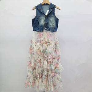 Vestido <span class=keywords><strong>GX</strong></span>-2026 con Chaleco Vaquero, Tela de Malla Estampada con Parches, Falda Midi Tipo Pastel, Vestido Largo Abullonado para Mujer - Product Image 2