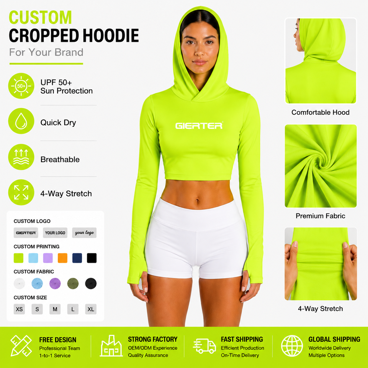 Custom Sun Protection Hooded Fishing Shirts Neon Colors UPF50+ Quick-Dry Cropped Rash Guard Women's Surf Swim Crop Tops
