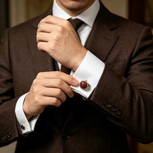 Mancuernillas Personalizadas con Piedra Ojo de Gato Roja para Hombre, Mancuernillas Redondas Plateadas para Camisa Formal de Negocios, Regalos para Novios - Product Image 3