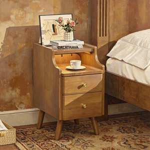Table de chevet en bois massif avec 2 tiroirs et étagère ouverte, meuble de chambre à coucher de style moderne du milieu du siècle - Product Image 4