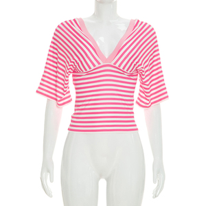 Viviblook C26TP138 Camiseta informal de verano para mujer, nueva ropa de calle, camiseta sexy con cintura ceñida y cuello en V profundo, camiseta de manga corta - Product Image 4