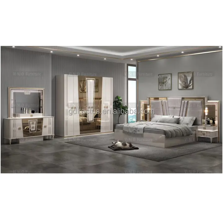 Ensemble de meubles de chambre à coucher modernes de luxe en Chine, ensembles complets de chambre à coucher avec miroir et éclairage LED