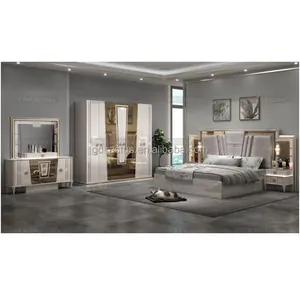 Luxury modern bedroom furniture set in China mirrored LED lighted modern high gloss complete bedroom sets