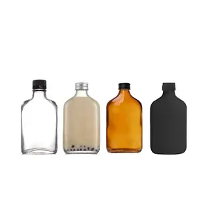 Customize Amber Matte Black color spray flat square liquor wine 200ml 250ml cold brew glass bottle with screw lids