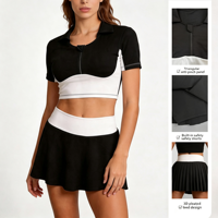 Combinaison de yoga de style tennis américain à col polo pour femme, couleur contrastée, manches courtes, jupe courte, séchage rapide, tenue de fitness et d'exercice