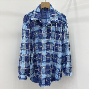 Camisa a cuadros para mujer, resistente, con adornos de diamantes de imitación y dobladillo deshilachado, a la moda - Product Image 1