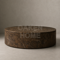 OAKEN Natürlicher Marmor Runder Couchtisch Vertikal Gerillter Sockel-Teetisch Luxuriöse Wohnzimmerdekoration Steintisch Wohnmöbel